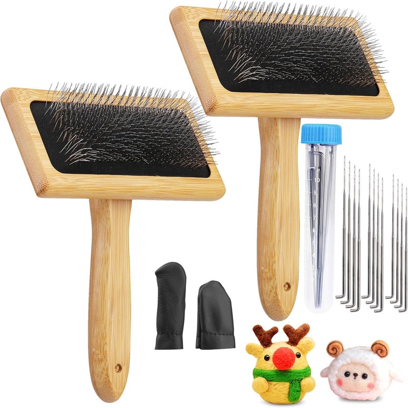 kdafio 2 Pcs Wooden Wool Carders, Wool Carder Brush for Wool Needle Felting Brush Wool Carders Needle Felting with Needle Leather Finger Protector for DIY Projects - Image 1